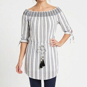 Blue Island Medium White Navy Striped Off Shoulder Boho Tassel Peplum Top